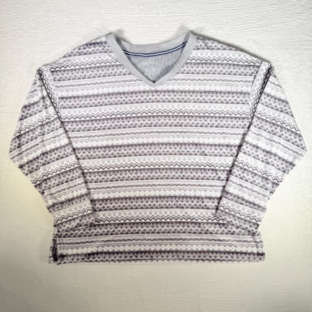 Nautica Womens Size XL Pullover Fleece Sweater Gray White Pattern Stripes